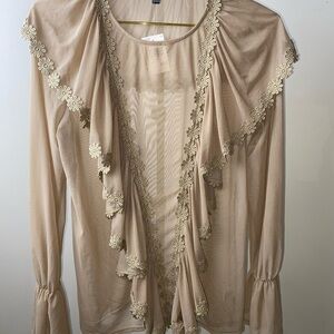 Elegant Beige Floral Trim Women's Top